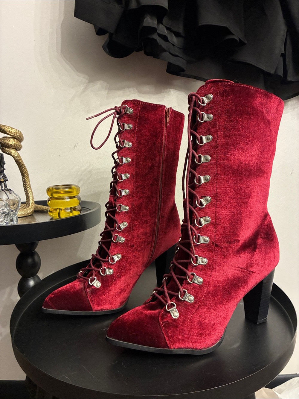 Penny Loves Kenny Argent Sexy Vampy Witch Velvet Lace-Up Heel Boots ✨♥️